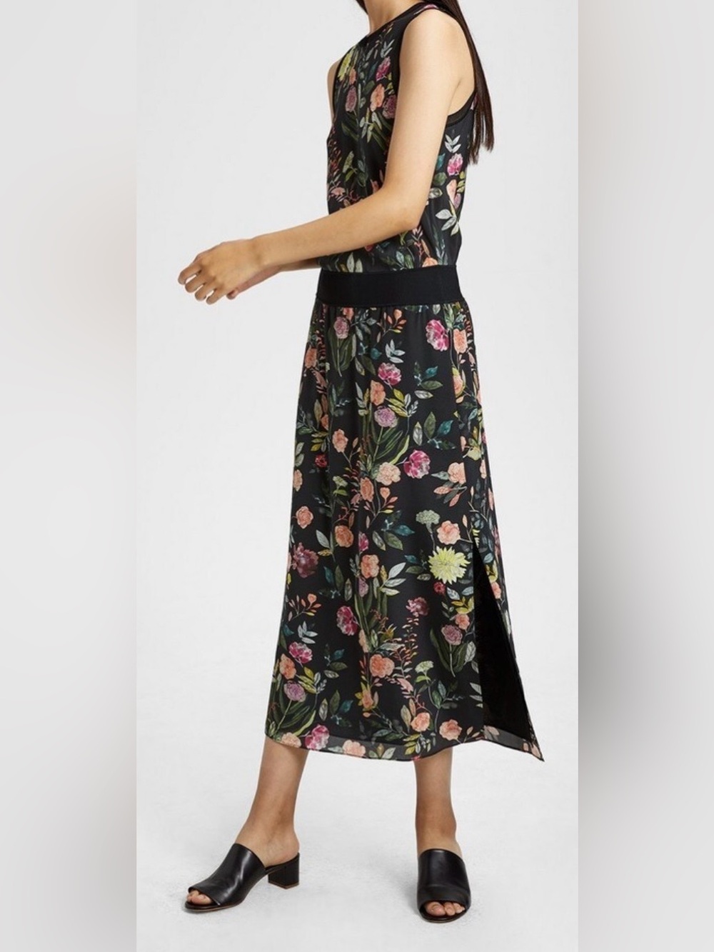 Theory Black Floral Maxi Dress with Pink, Green and Yellow Blooms